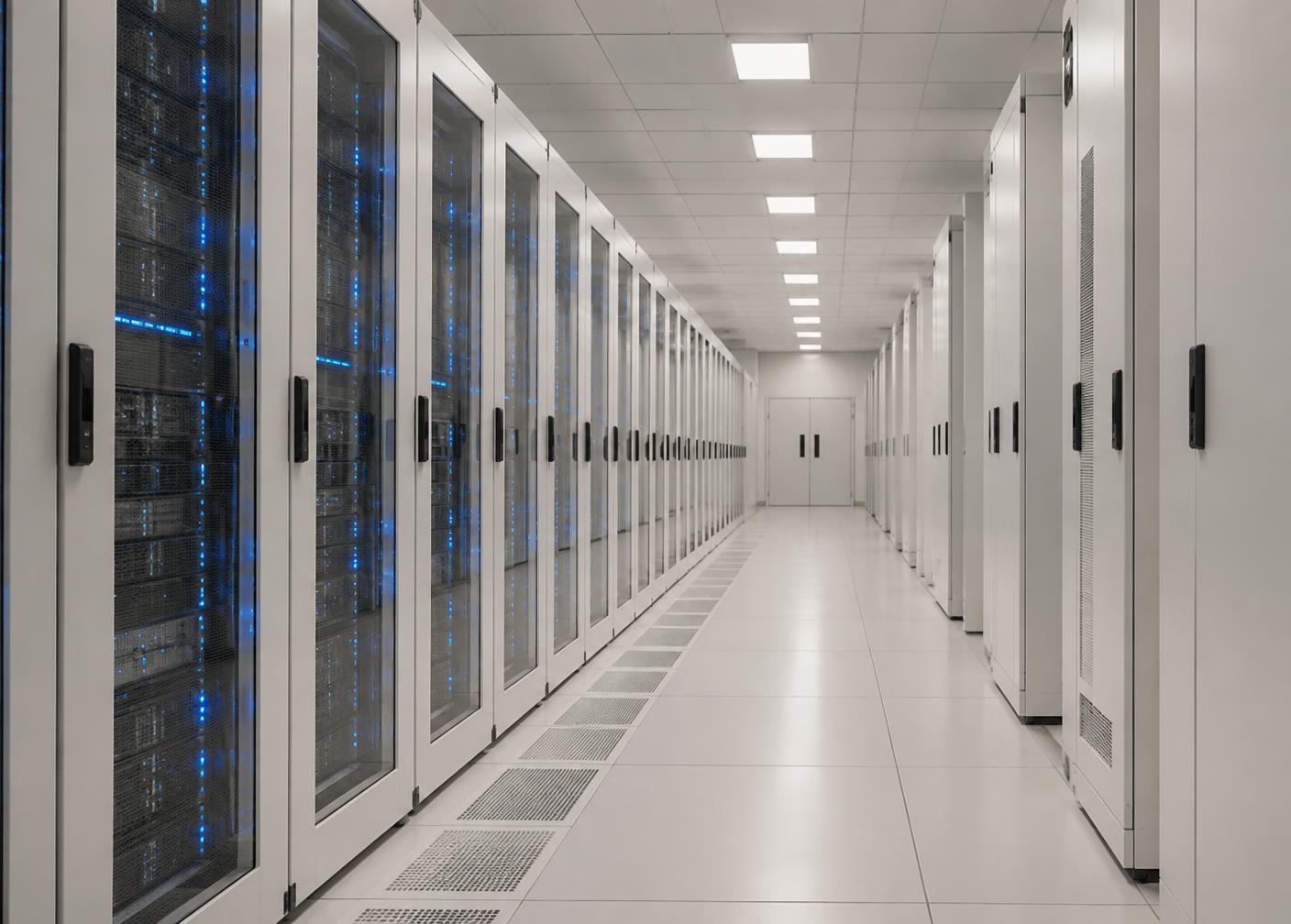 Bright server room aisle with rows of equipment cabinets