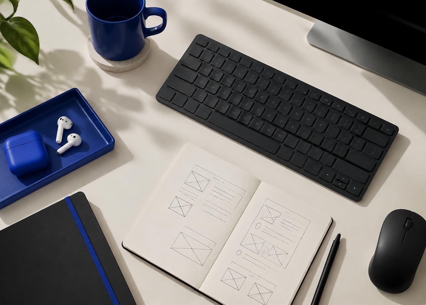 Notebook with interface wireframe sketches beside a keyboard on a light desk
